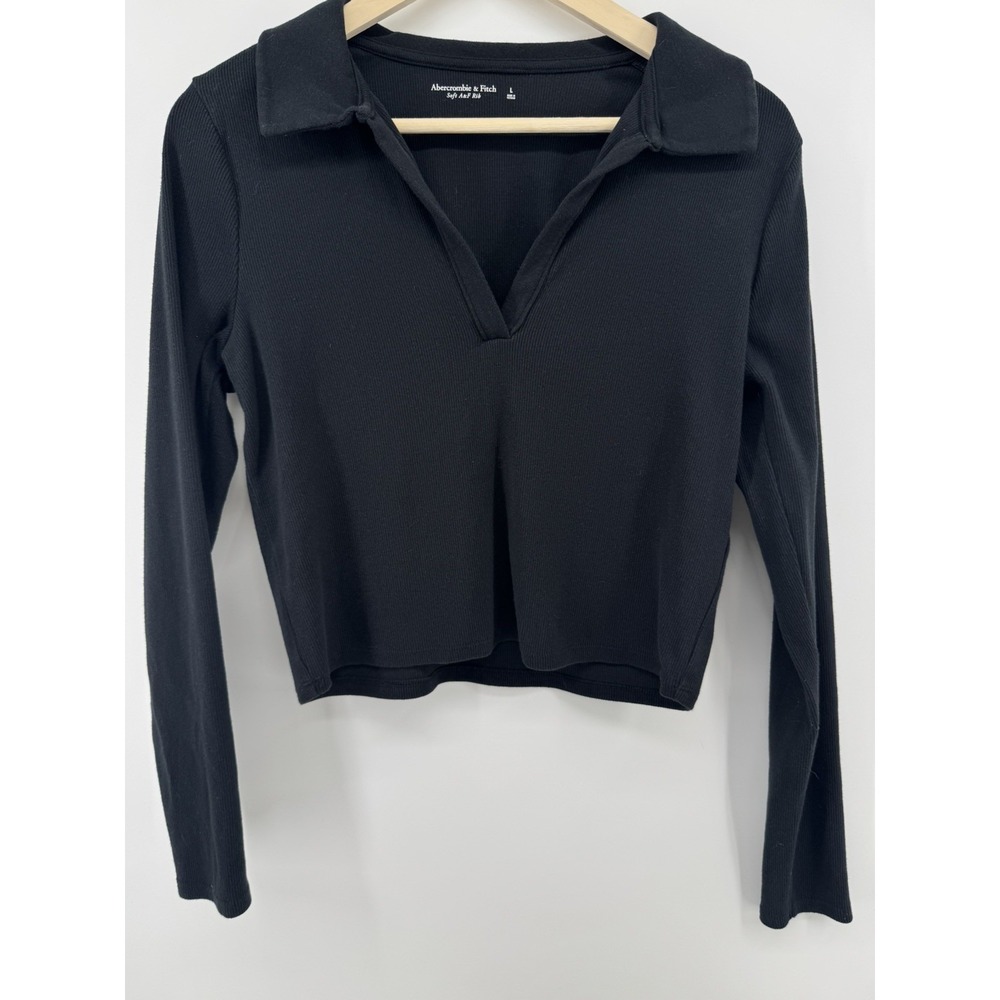 Abercrombie & Fitch - Soft A&F Rib- Black cropped ribbed longsleeve top - Large